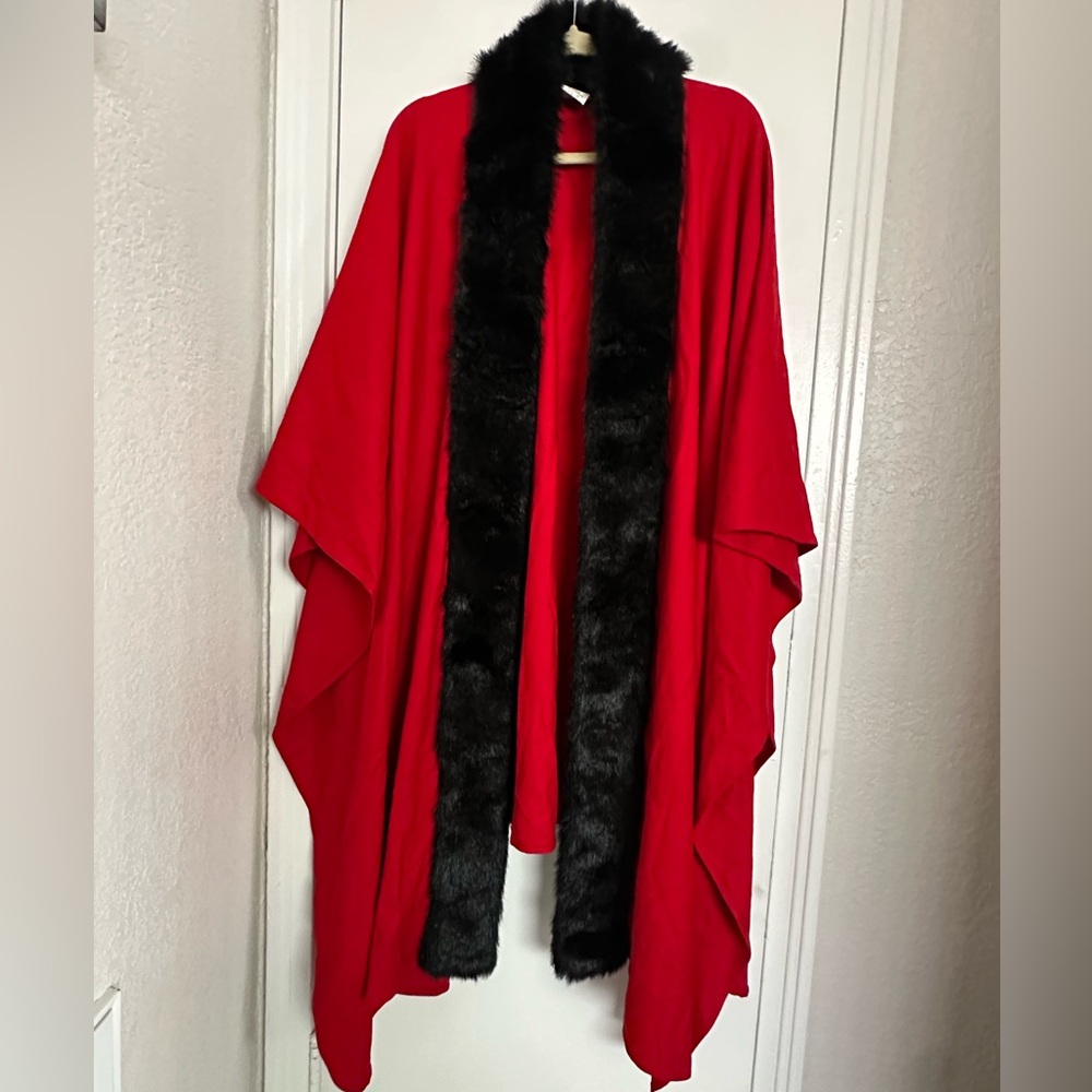 SUSAN LUCCI RED CAPE LONG PONCHO FAUX BLACK FUR OS